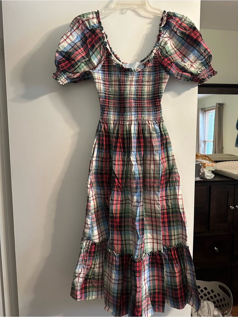 Hill House Plaid Puff-Sleeve Midi Dress in Red, Green & Blue